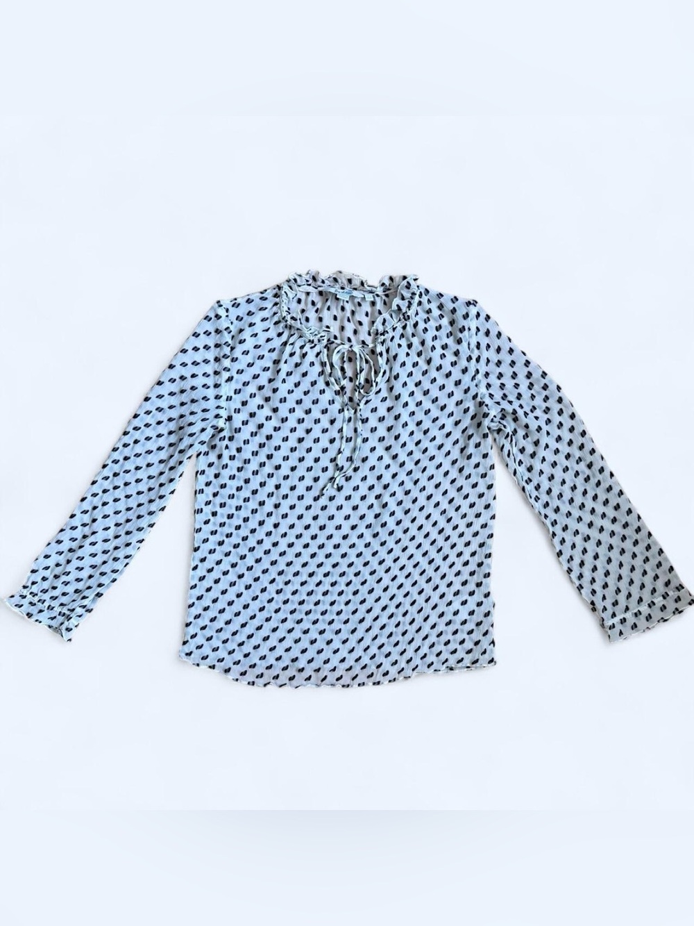 Boden Sheer Swiss Dot Ruffle Tie-Neck Blouse Cream Black US 6